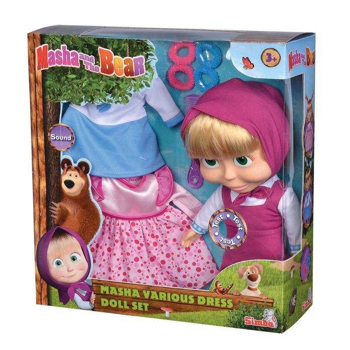 Masha & The Bear -Masha Doll with 2 extra Dresses, 30cm